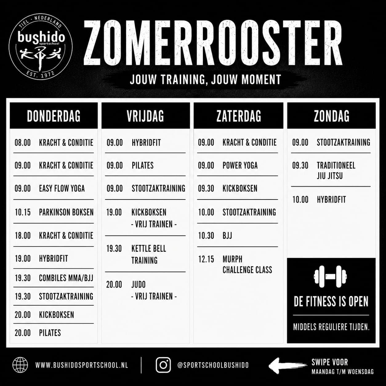 Zomerrooster — Donderdag t/m zondag