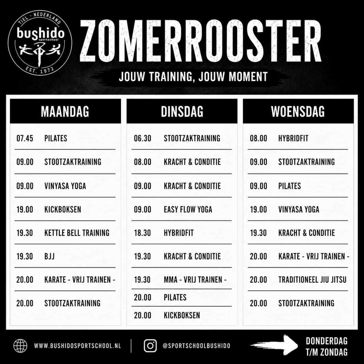 Zomerrooster — Maandag t/m woensdag